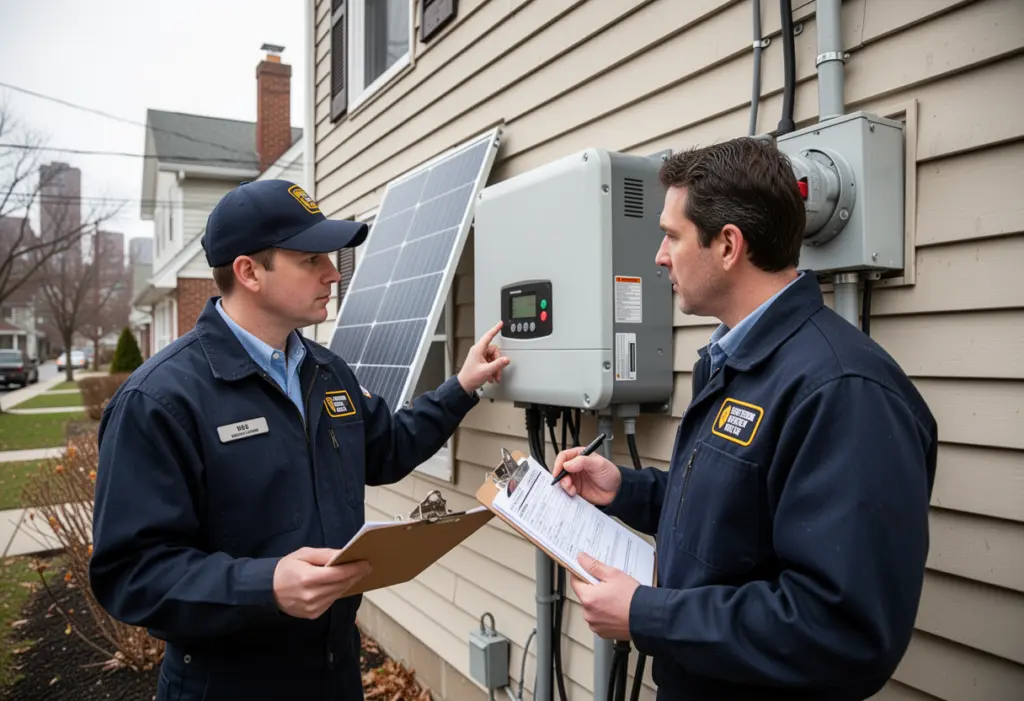 An electrical inspector examining a solar inverter and disconnect mounted on the exterior wall of a New York house