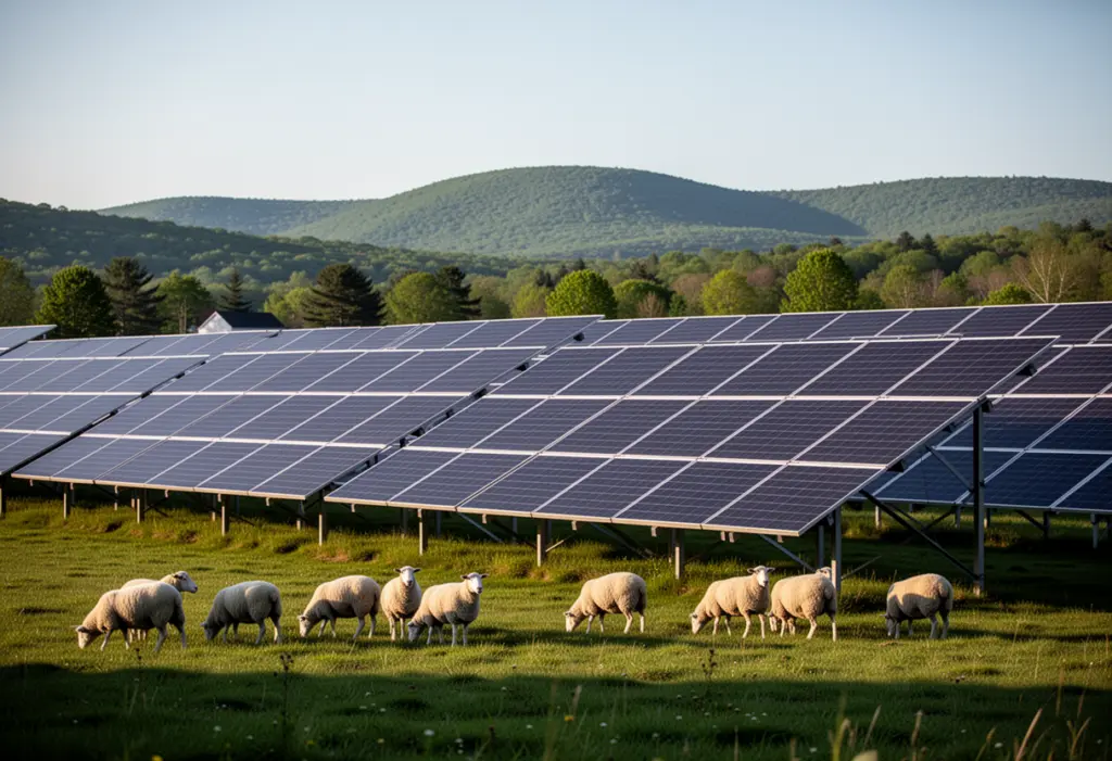 A large solar array in a rural upstate New York field with hills behind, sheep grazing at the edge