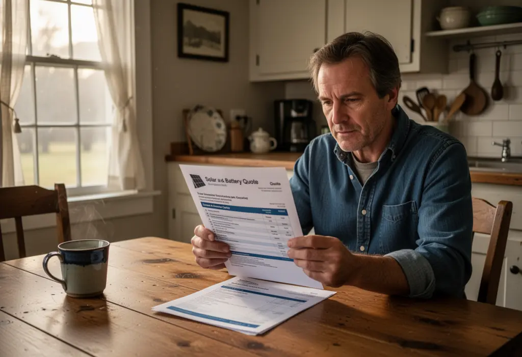 A homeowner at a kitchen table reading a printed solar and battery quote in an upstate New York farmhouse