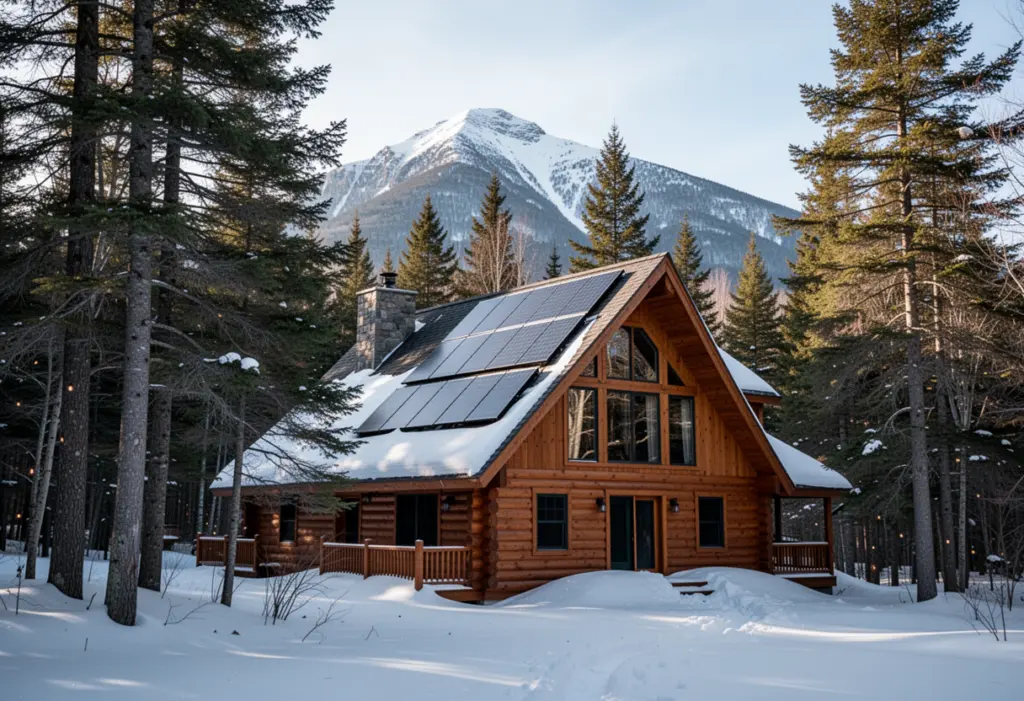 An Adirondack style house with a steep roof and solar panels among tall pines in the high peaks of northern New York
