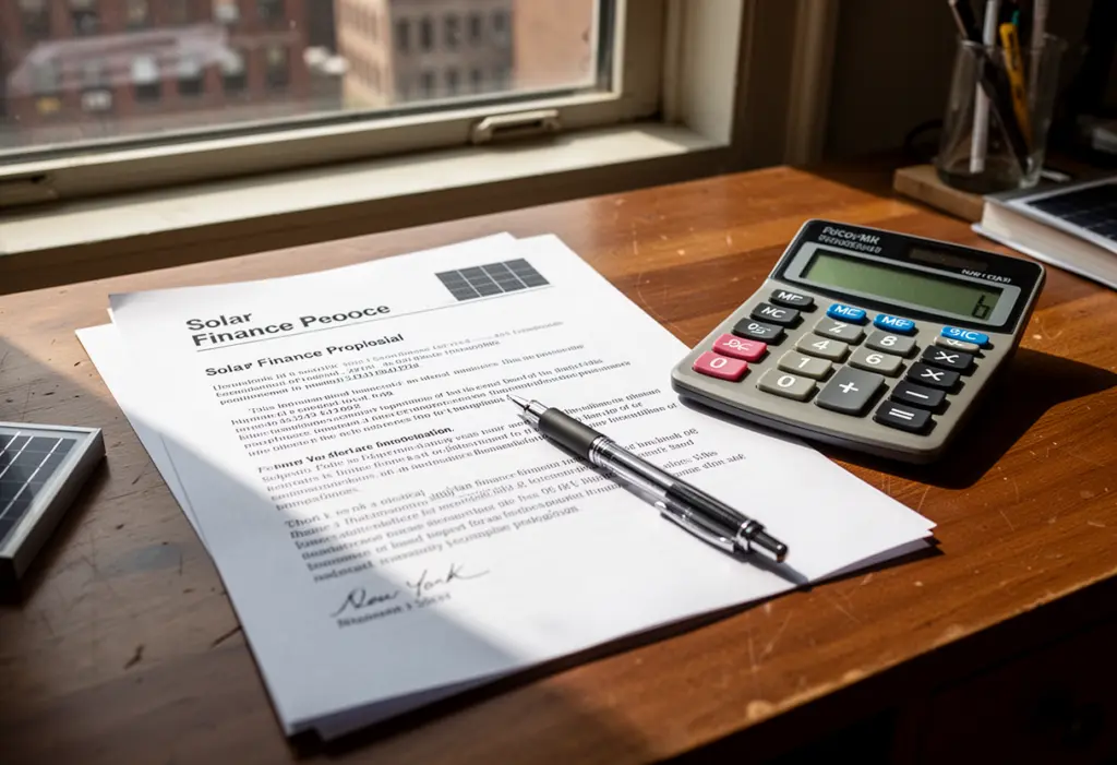 A printed solar finance proposal and a calculator on a wooden desk in a New York home, a pen resting on the paper