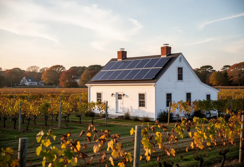 A white clapboard farmhouse with rooftop solar panels beside a vineyard on the North Fork of Long Island, low autumn sun over the fields