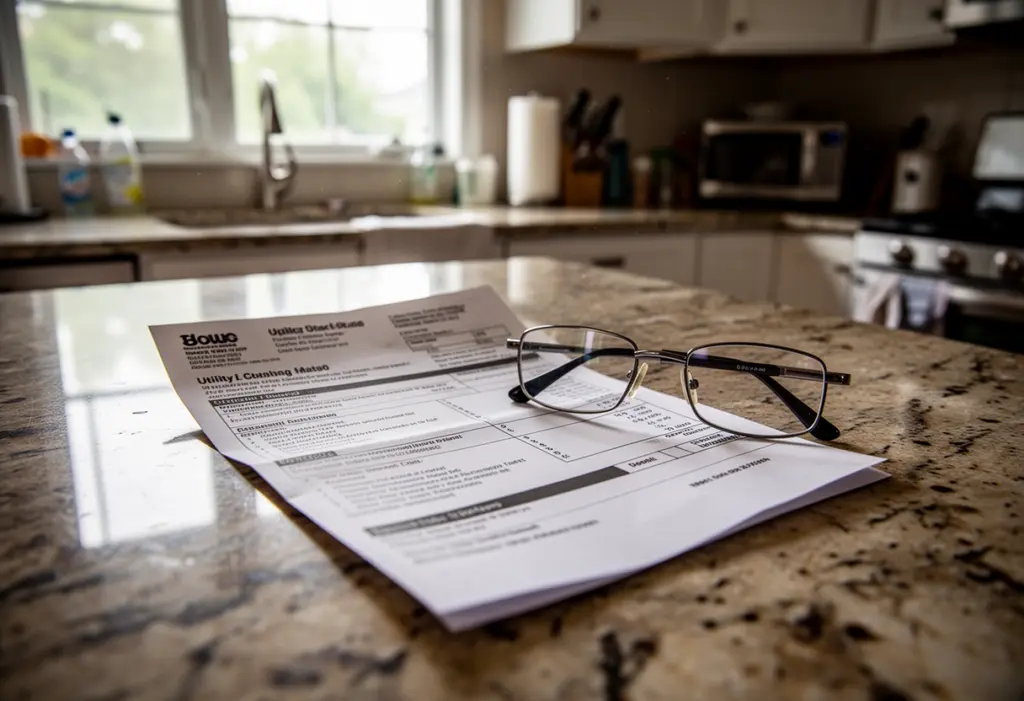 A utility bill and a pair of reading glasses on a kitchen counter in a Long Island house
