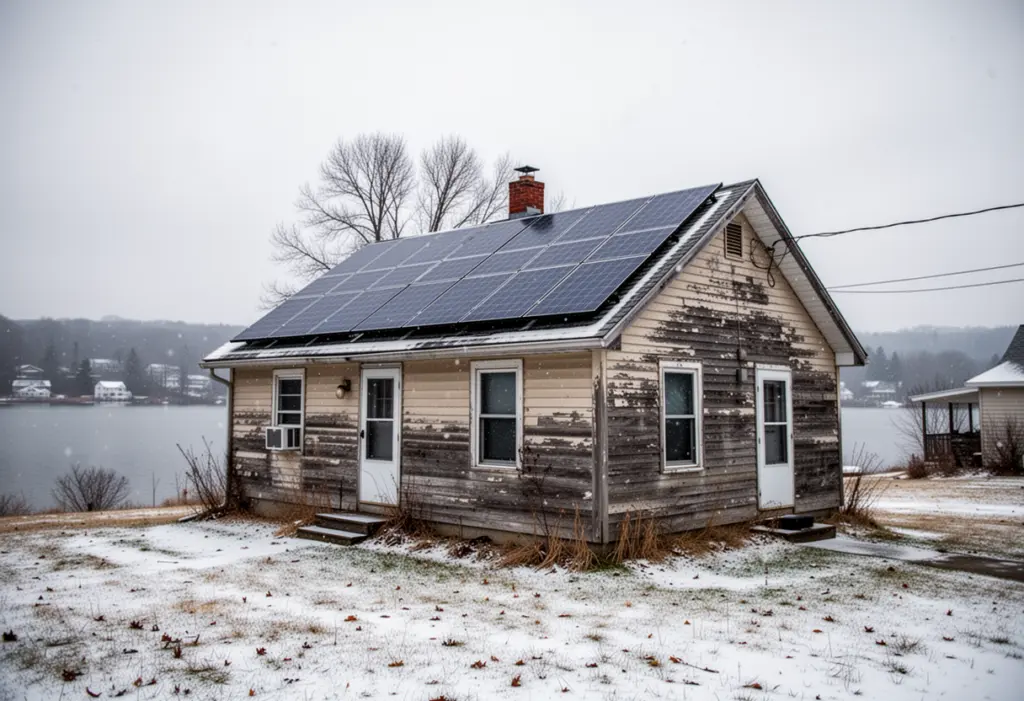 A modest wood-frame house with rooftop solar panels near Chautauqua Lake in western New York, overcast winter sky
