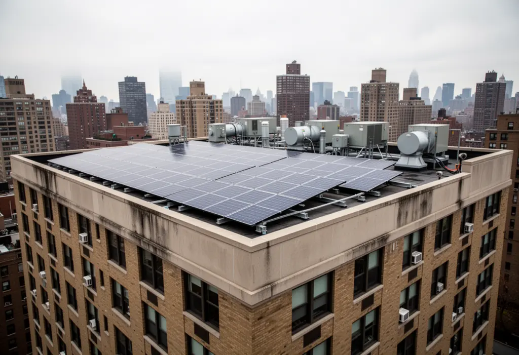 A flat roof on a mid rise condominium building in New York with a ballasted solar array, parapet wall and rooftop mechanical equipment