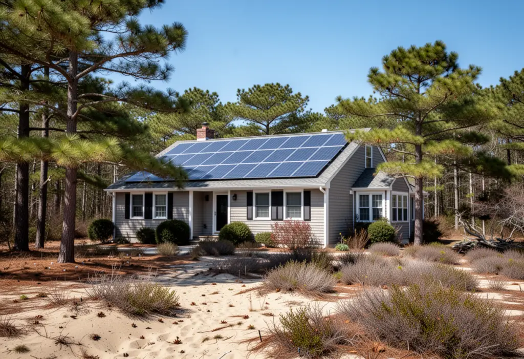 A ranch house with rooftop solar panels among pine trees in central Long Island, sandy soil and scrub, clear bright daylight