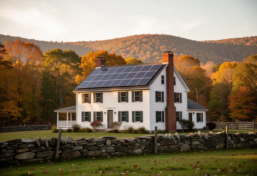 A colonial farmhouse with rooftop solar panels in the Hudson Valley of Dutchess County New York, wooded hills and stone walls