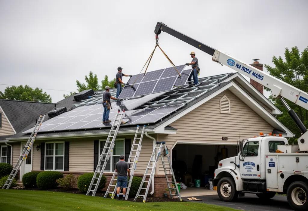 An installation crew lifting a solar module onto racking on a pitched suburban roof in western New York, ladders and a lift truck in the driveway