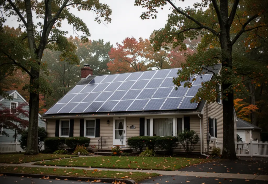 A suburban house with rooftop solar panels in Rockland County New York, mature trees