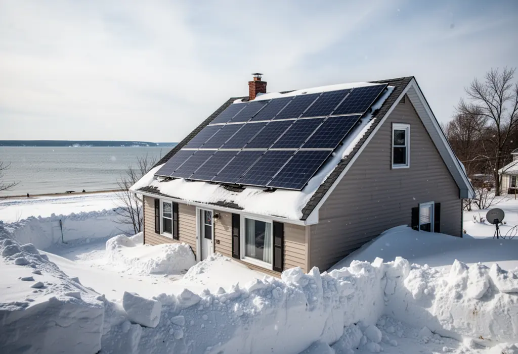 A steep-roofed house with rooftop solar panels under heavy snow near the Lake Ontario shore in Oswego County New York