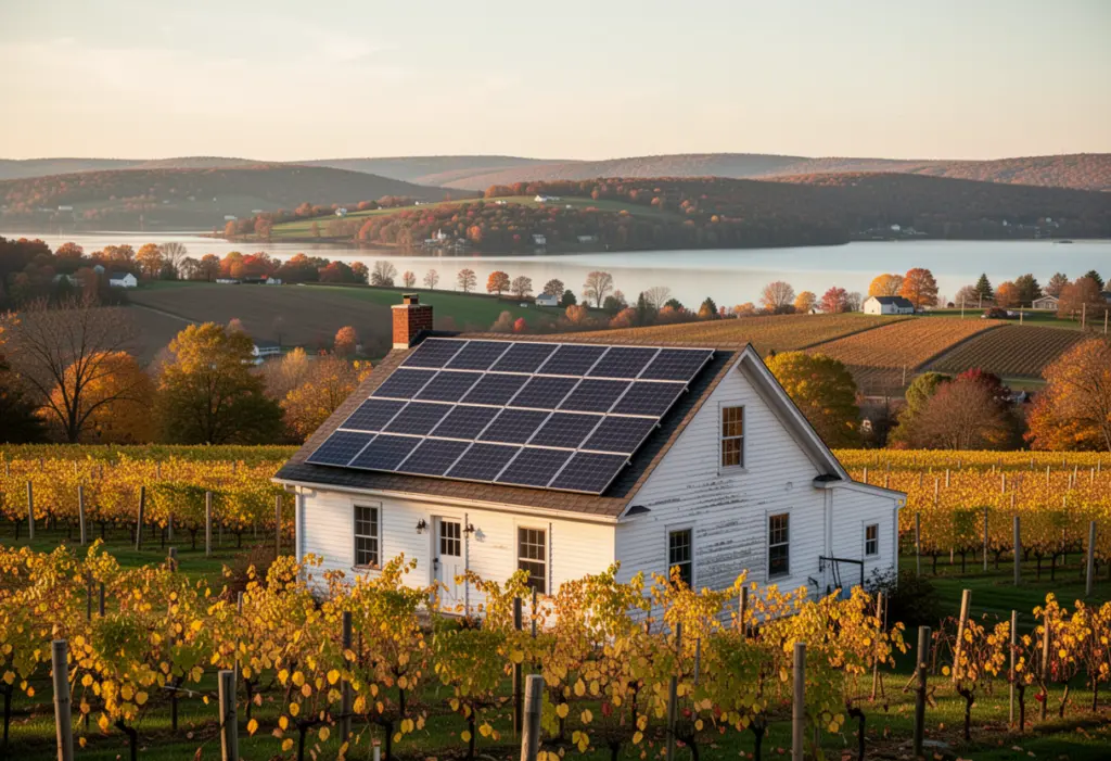 A farmhouse with rooftop solar panels above vineyards in the Finger Lakes region of New York, rolling hills and a lake beyond