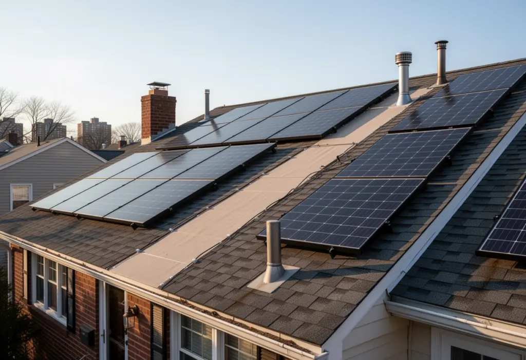 A pitched suburban roof in New York with solar panels set back from the ridge and eaves leaving clear access pathways