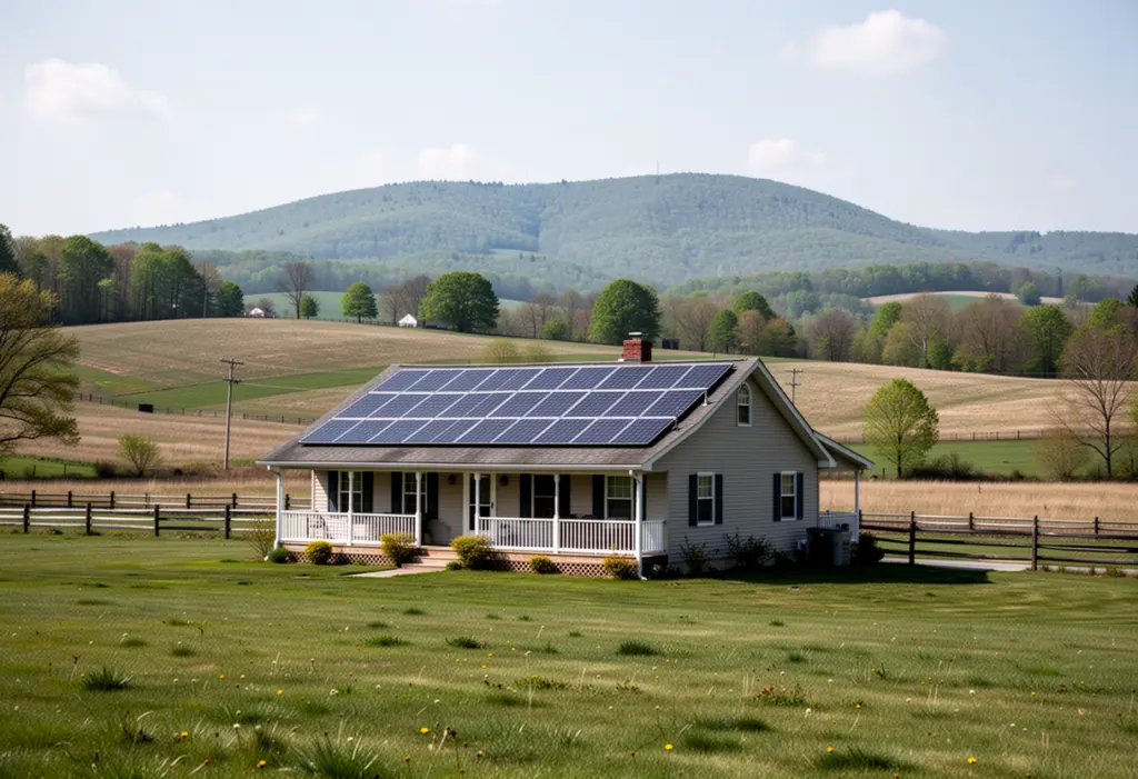 A ranch house with rooftop solar panels on a wide lot in Orange County New York, rolling fields and a distant ridge
