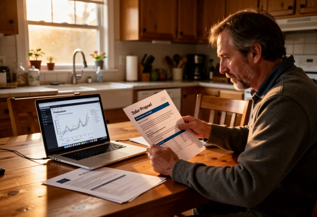 A homeowner at a kitchen table in upstate New York reading a printed solar proposal beside a laptop showing a production chart