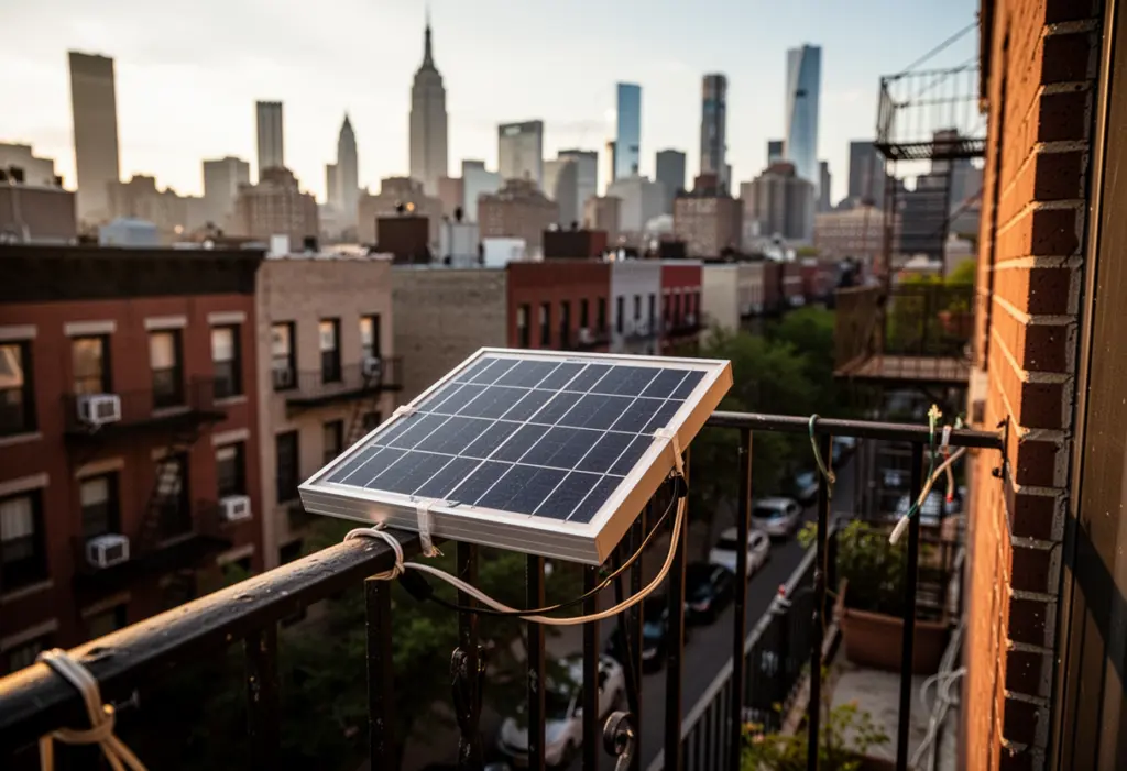 A small solar panel secured to the railing of an apartment balcony in Brooklyn with the city skyline behind