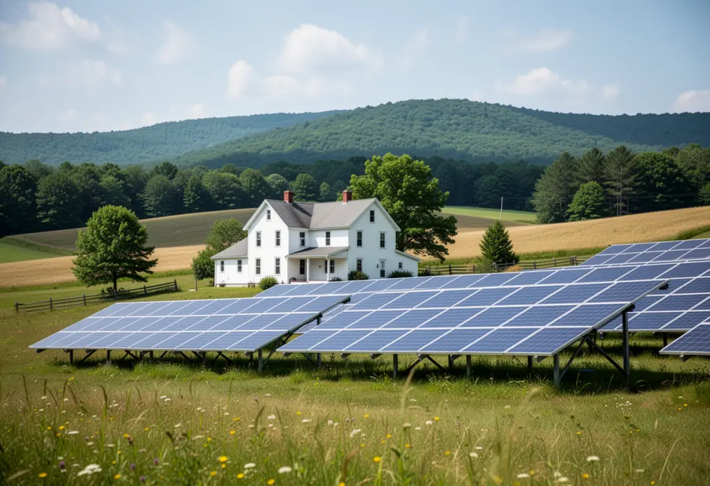 A white farmhouse with a ground-mounted solar array on rolling farmland in Otsego County New York, wooded hills behind