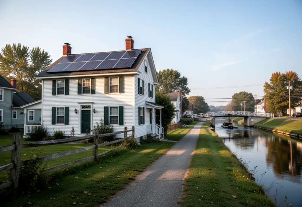A nineteenth century village house with rooftop solar panels beside the Erie Canal in Fairport New York, canal bridge and towpath
