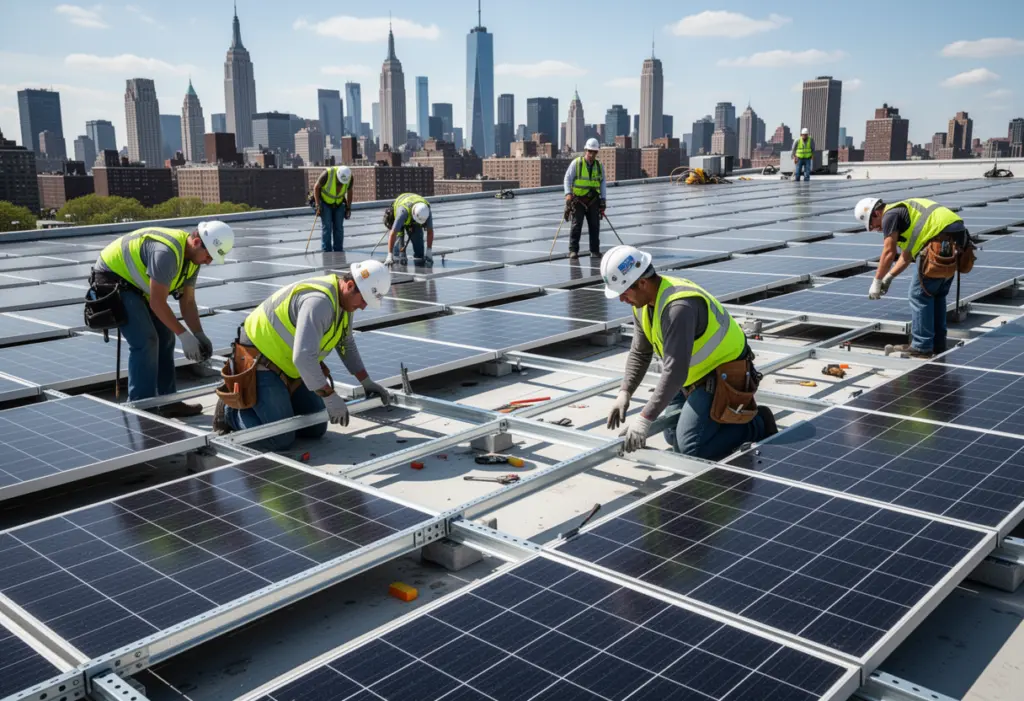 Construction workers installing racking on a large flat commercial roof solar array in New York
