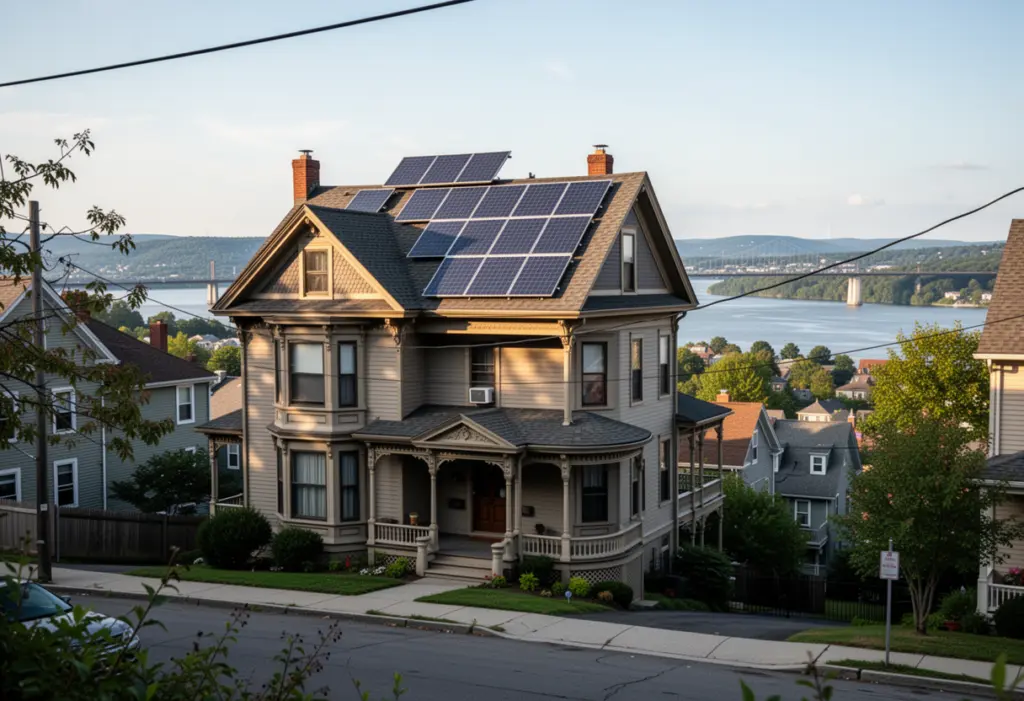 A Victorian house with rooftop solar panels on a hillside street in Poughkeepsie New York, Hudson River visible in the distance