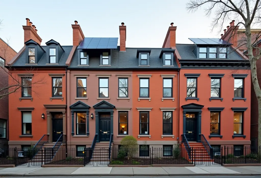 A row of Brooklyn brownstone townhouses with solar panels mounted on the rear-facing roof slope, daytime