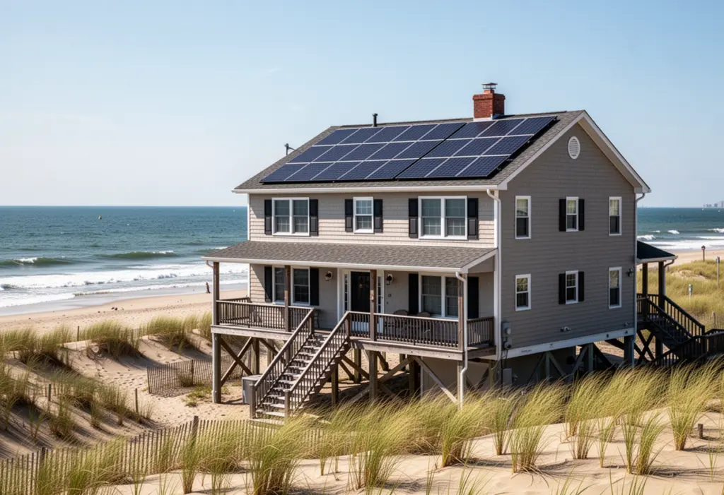 A raised beachfront house with rooftop solar panels on a barrier island in Nassau County New York, dune grass and ocean beyond