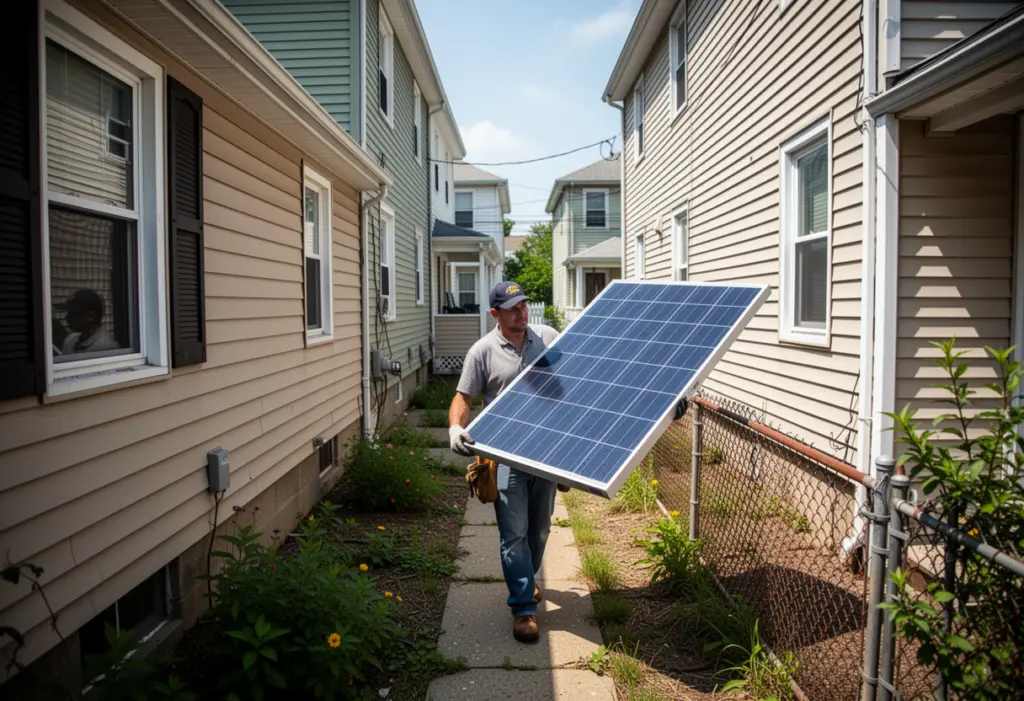 An installer carrying a solar module along a narrow side yard between two closely spaced houses in Valley Stream Nassau County New York
