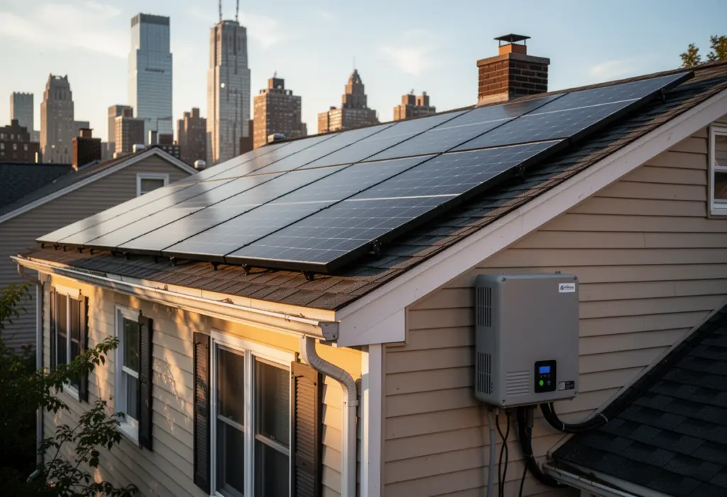 A newly installed rooftop solar array on a New York home with the inverter visible on an exterior wall