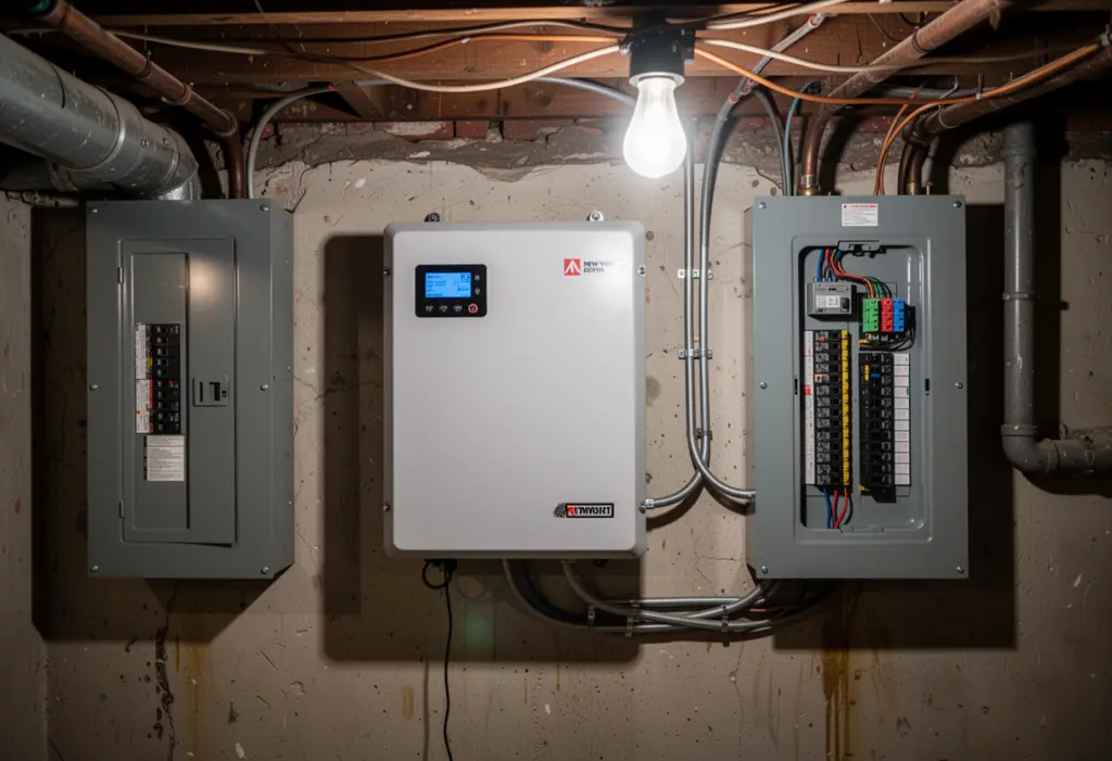 A home battery unit mounted on a basement wall beside an electrical panel in a New York City house, clean utility space