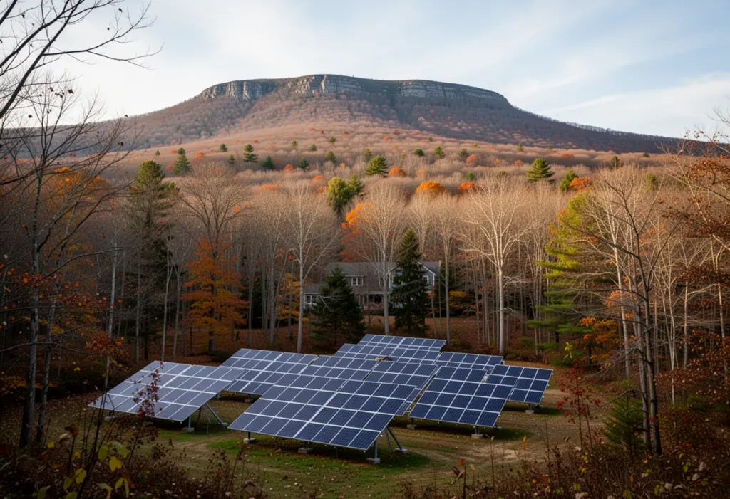 A wooded property with a ground mounted solar array in a clearing below Overlook Mountain near Woodstock, New York