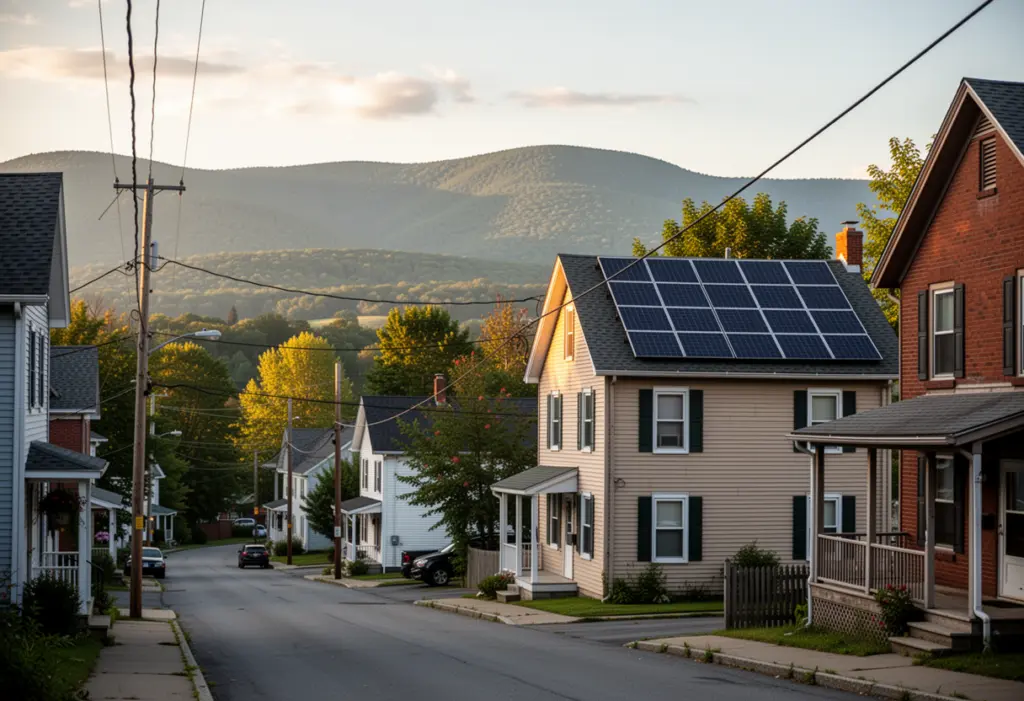 A village street in Saugerties, New York with the Catskill Mountains on the western horizon, a rooftop solar array on a modest two storey house