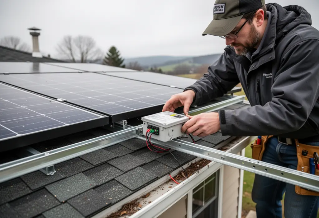 An installer on a Finger Lakes house roof fitting a small module level electronics box to the rail beneath a solar panel