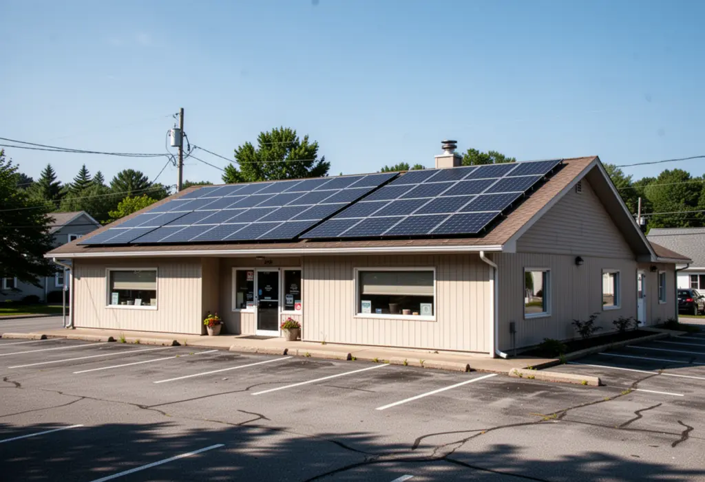 Solar panels on the flat roof of a small commercial building in upstate New York, parking area below, clear blue sky
