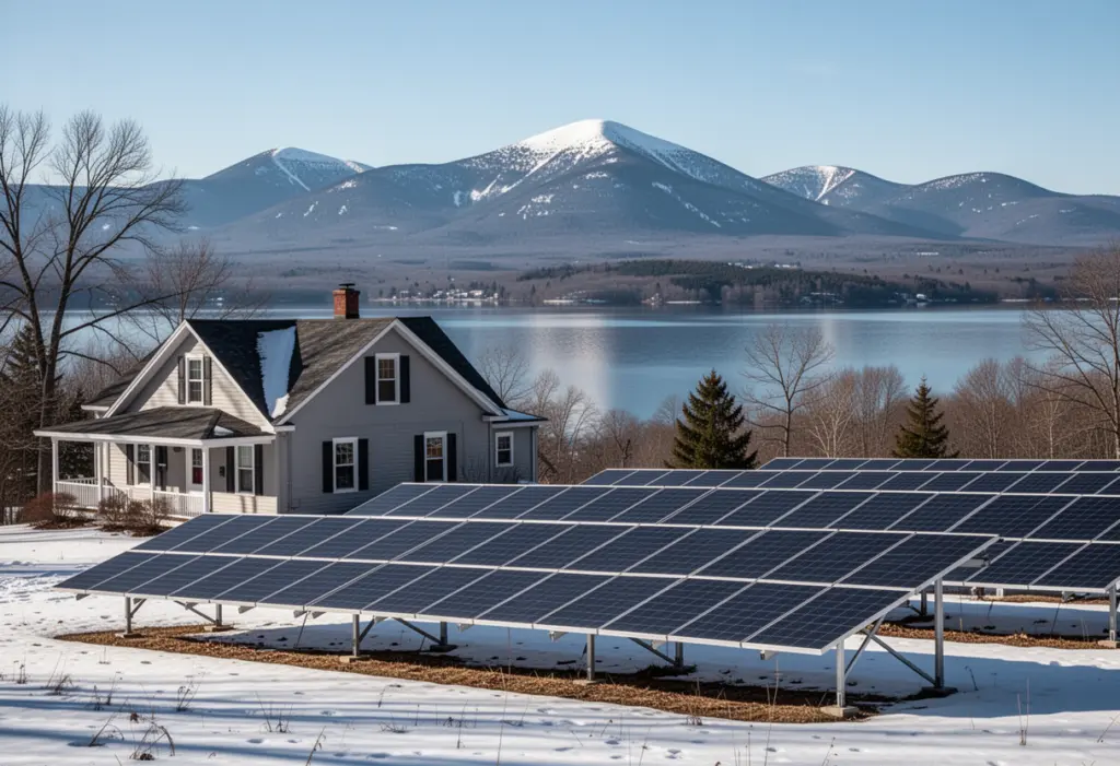 A house with a ground-mounted solar array near Lake Champlain in Clinton County New York, Adirondack peaks in the distance