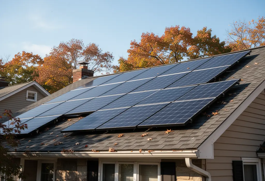 A residential solar array on a pitched asphalt shingle roof in a New York suburb under a clear autumn sky, seen from street level