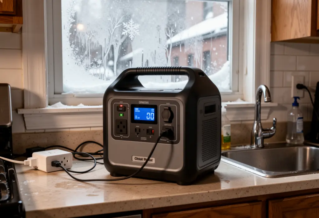 A portable power station on a kitchen counter during a winter power outage in a New York home, daylight through a frosted window