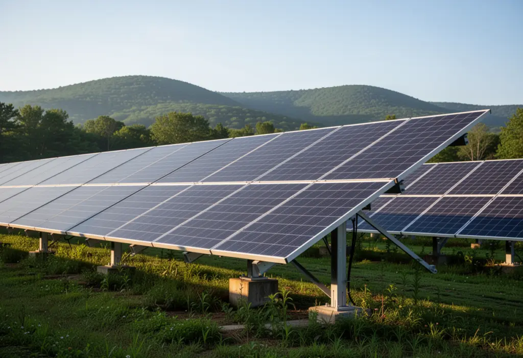 A ground mounted community solar array in a field in the Hudson Valley New York with hills behind