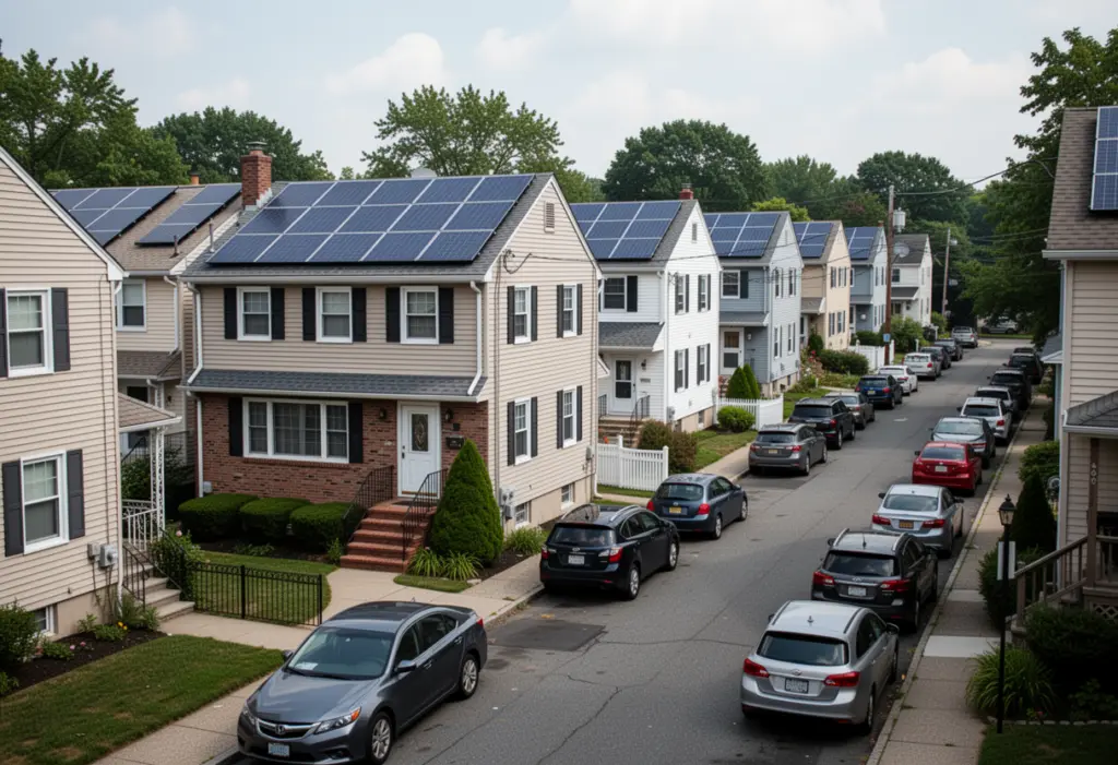 Semi-detached houses with rooftop solar panels on a dense residential street in southern Westchester County, parked cars and narrow driveways