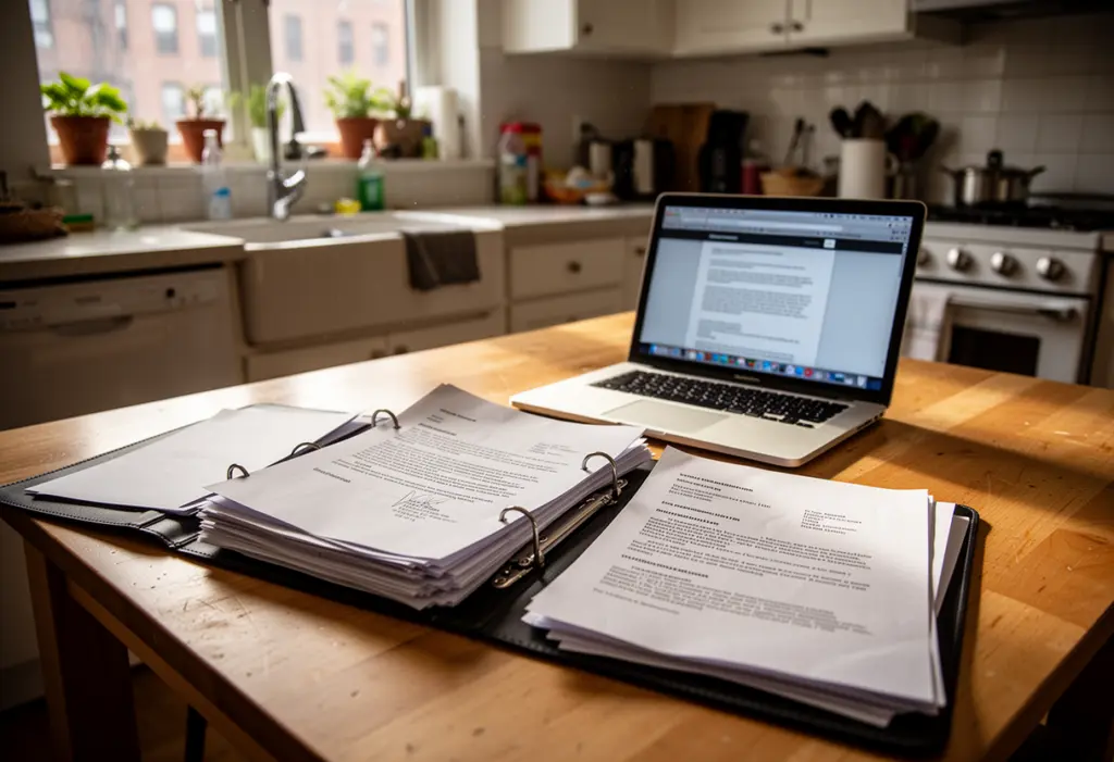 A folder of documents and a laptop on a kitchen table in a New York home, no legible text