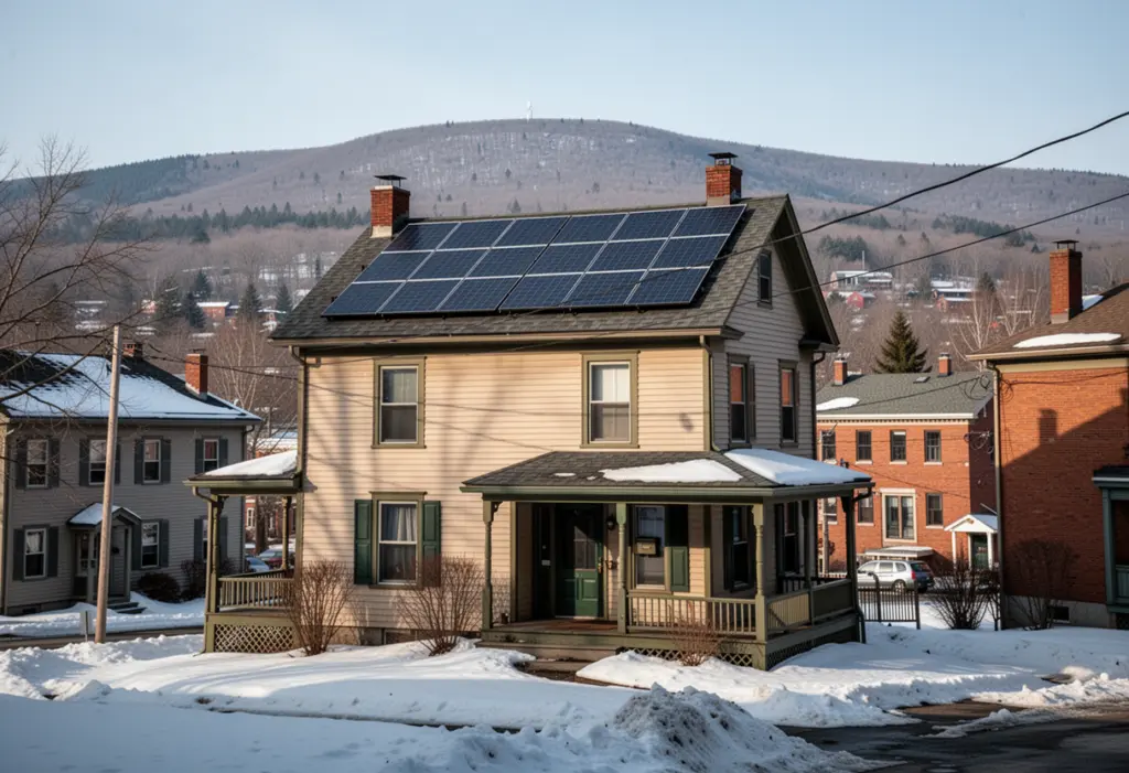 An early twentieth century house with rooftop solar panels and light snow on the ground in a small upstate New York city