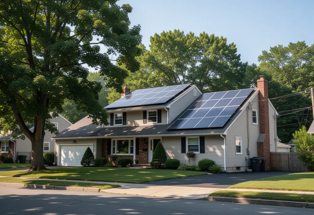 Solar panels on the roof of a suburban split-level house in Rockland County New York, mature trees and a quiet street