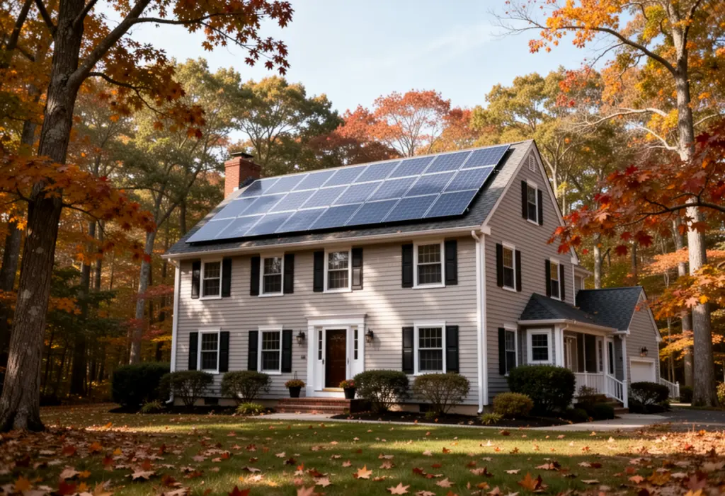 A colonial house with rooftop solar panels on a wooded suburban lot in northern Suffolk County Long Island, autumn leaves