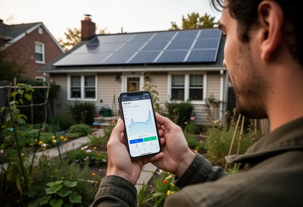 A person holding a phone showing a graph while standing in a garden below a rooftop solar array, New York house