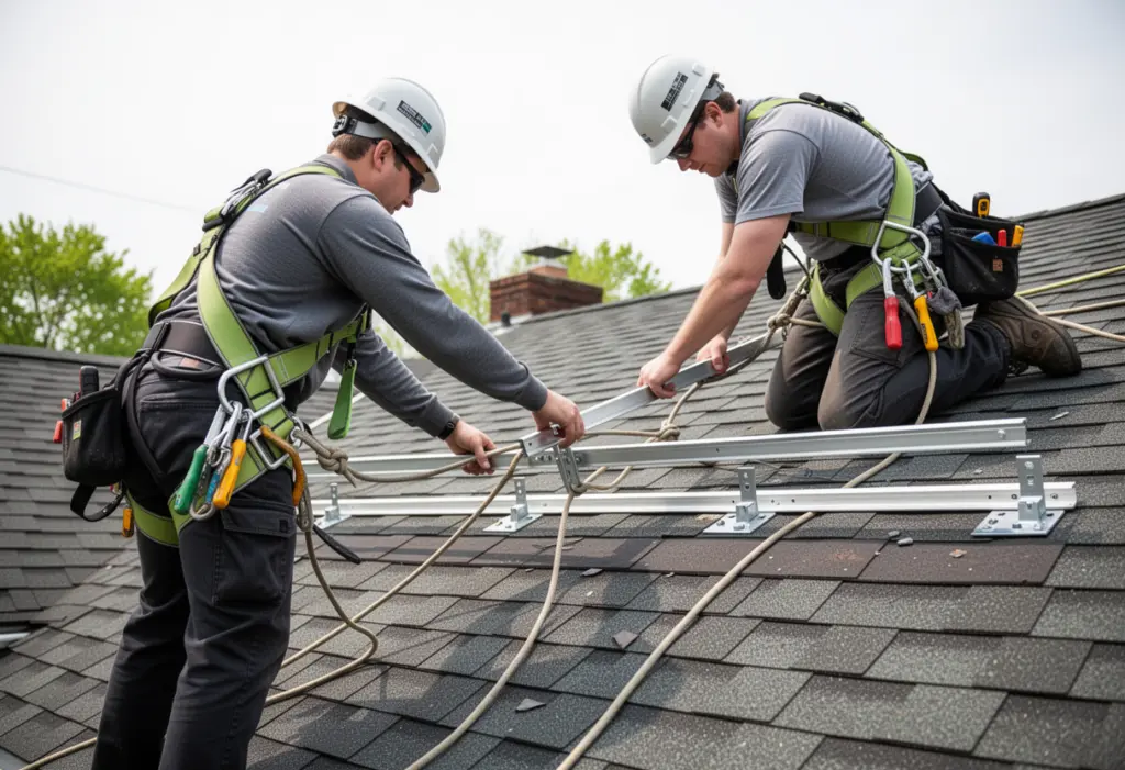 Two installers in safety harnesses fastening a mounting rail on a residential asphalt shingle roof in New York State