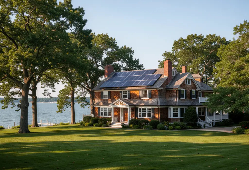 A large shingle-style house with rooftop solar panels near Long Island Sound in Westchester County, mature trees and a broad lawn