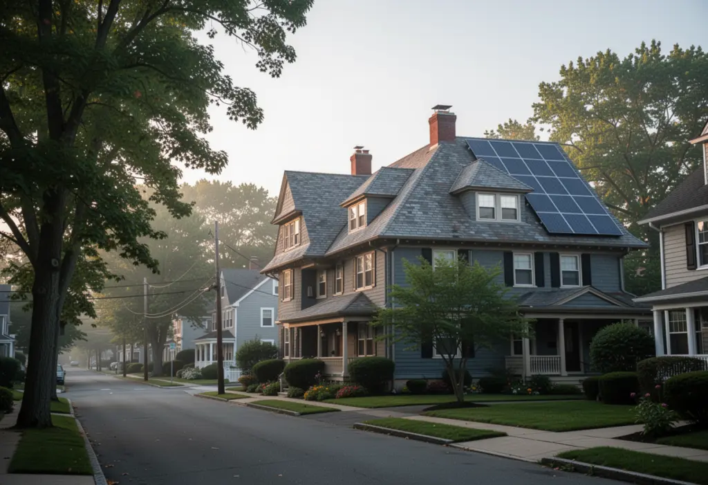 A large early twentieth century house with a steep slate roof on a wide tree lined street in a Nassau County village