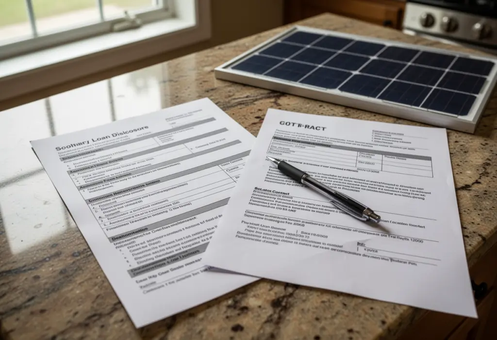 A printed loan disclosure page beside a solar contract on a kitchen counter, a pen resting on the paper