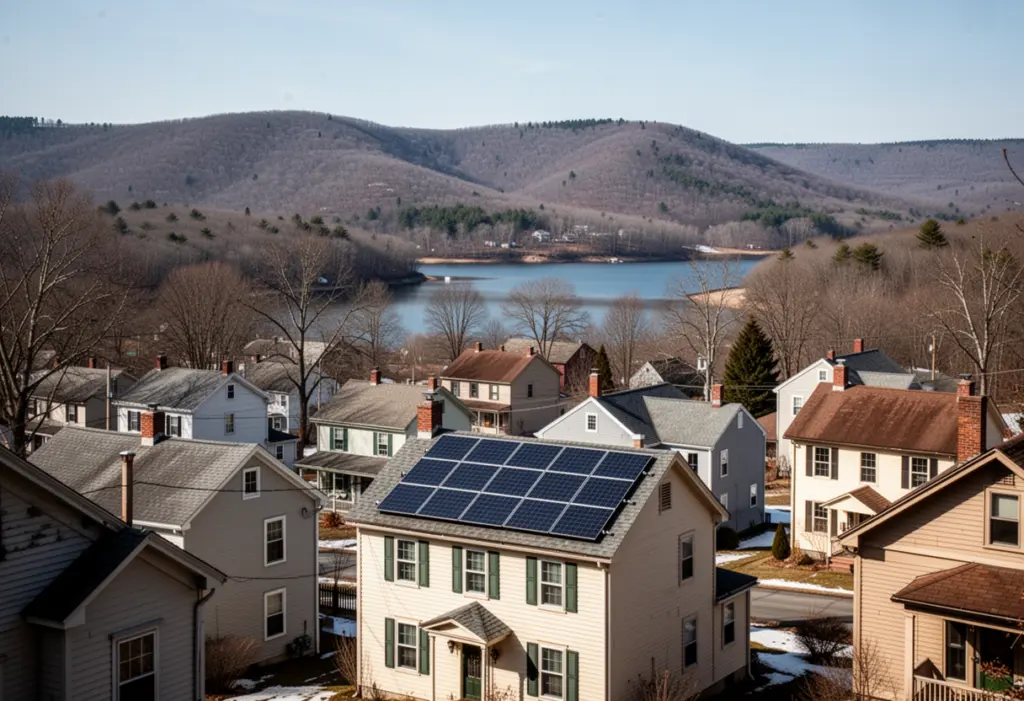 A small dense village of nineteenth century houses in Putnam County New York with rooftop solar panels on one roof