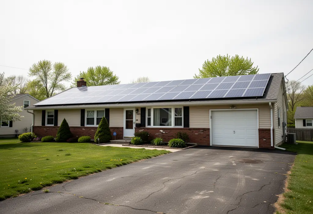 A postwar suburban ranch house in Monroe County New York with a long unbroken roof plane carrying solar modules