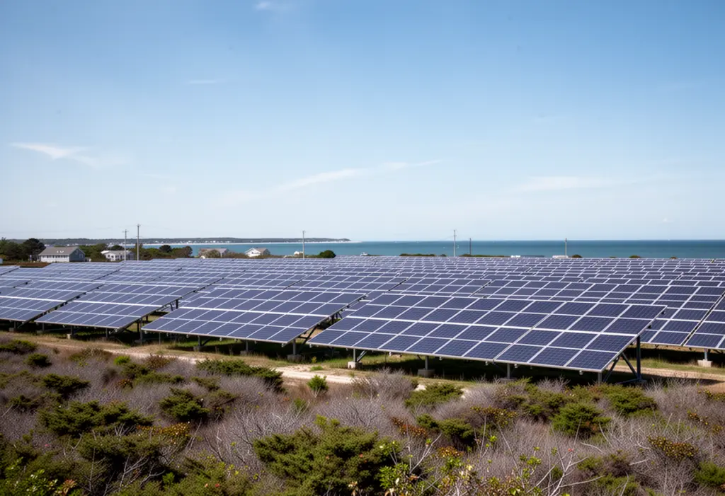 A large solar array on flat open land on eastern Long Island with low scrub and a clear blue coastal sky