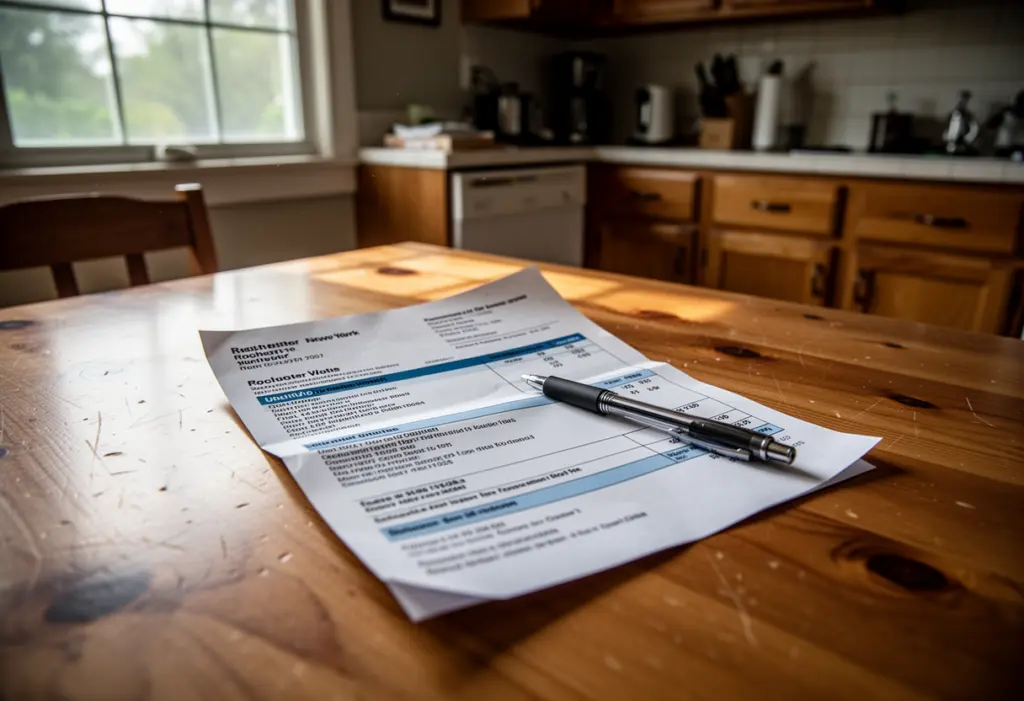 A paper utility bill and a pen on a wooden kitchen table in a Rochester New York home